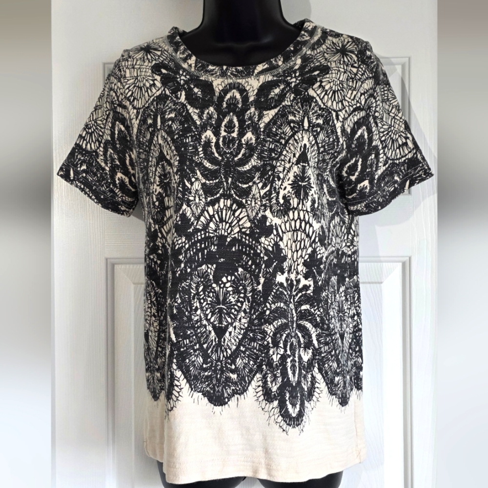 J. Crew Black and White Lace Printed Tee